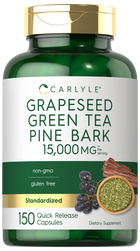 Hand holding Carlyle Grapeseed Green Tea Pine Bark 15,000 MG, 150 Quick Release Capsules.