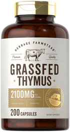 Grassfed Thymus supplement with 2100 mg per serving and 200 capsules displayed on hand scale.