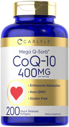 Carlyle CoQ-10 400mg, 200 quick release softgels shown on a hand scale for bulk measurement.