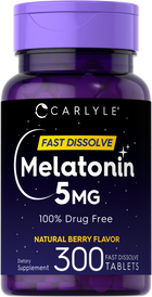A bottle of Purple Fast Dissolve Melatonin tablets, 5 MG, containing 300 tablets, placed on a hand for size reference.