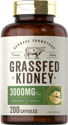 A brown bottle of Grass-Fed Kidney 200 Capsules placed on a scale.