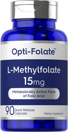 Hand holding a bottle of Opti-Folate L-Methylfolate 15mg quick release capsules, 90 count.