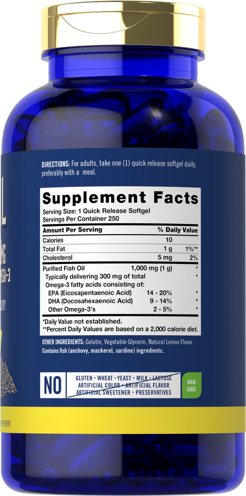 Fish Oil 1000mg | 300mg Omega 3 | 250 Softgels | Lemon Flavor