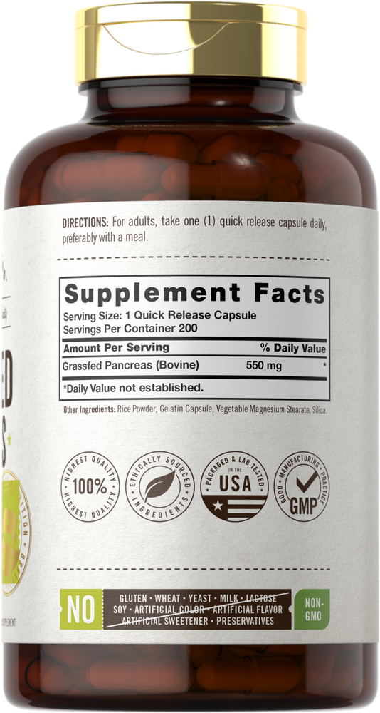 Grass Fed Beef Pancreas 550mg per serving | 200 Capsules