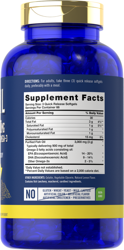 Olio di Pesce 3000mg con Omega-3 900mg per dose | 200 Softgels