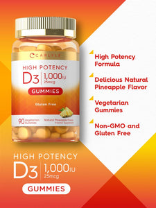 Vitamin D3 1000 IU Gummies | Natural Pineapple Flavor | 90 Gummies