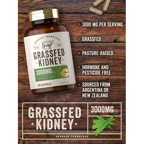 View 3 Grass Fed Beef Kidney 3000mg per serving | 200 Capsules
