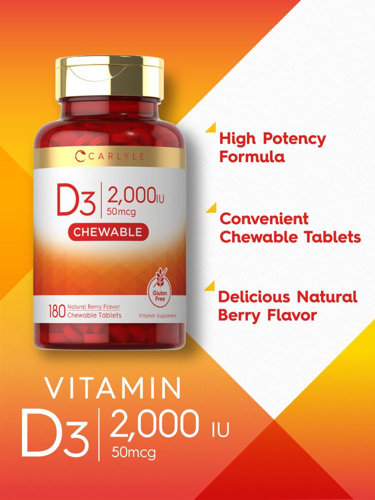 Vitamin D3 2000 IU (50 mcg) Chewable Tablets | Berry Flavor | 180 Count