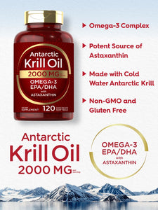 Antarctic Krill Oil 2000mg | Omega-3 EPA, DHA, Astaxanthin | 120 Softgels