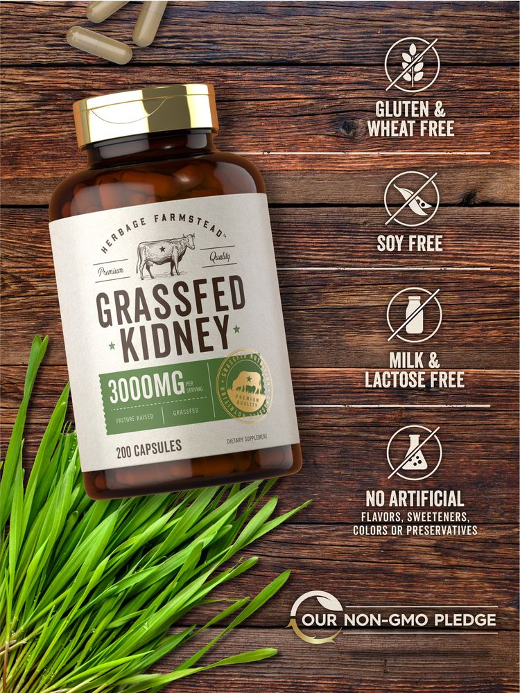 Grass Fed Beef Kidney 3000mg | 200 Capsules