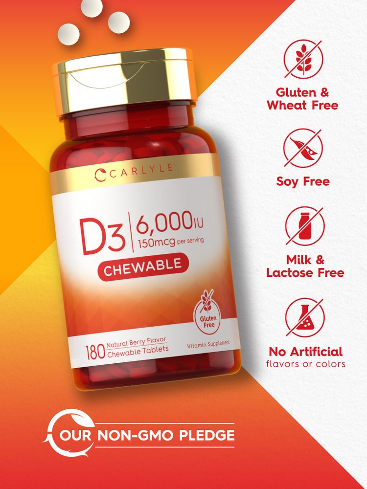 Chewable Vitamin D3 6000 IU | Natural Berry Flavor | 180 Tablets