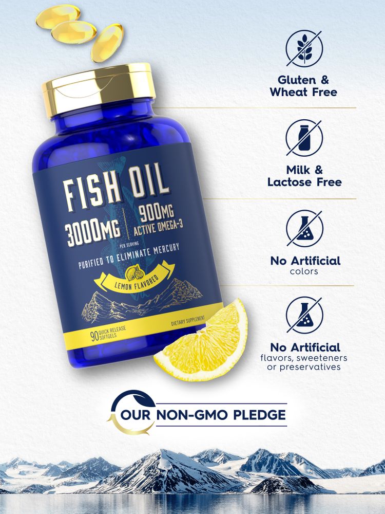 Fish Oil 3000mg | 900mg Omega 3 | 90 Softgels | Lemon Flavor