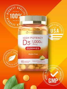 Vitamin D3 1000 IU Gummies | Natural Pineapple Flavor | 90 Gummies