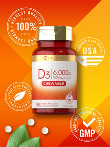 Chewable Vitamin D3 6000 IU | Natural Berry Flavor | 180 Tablets