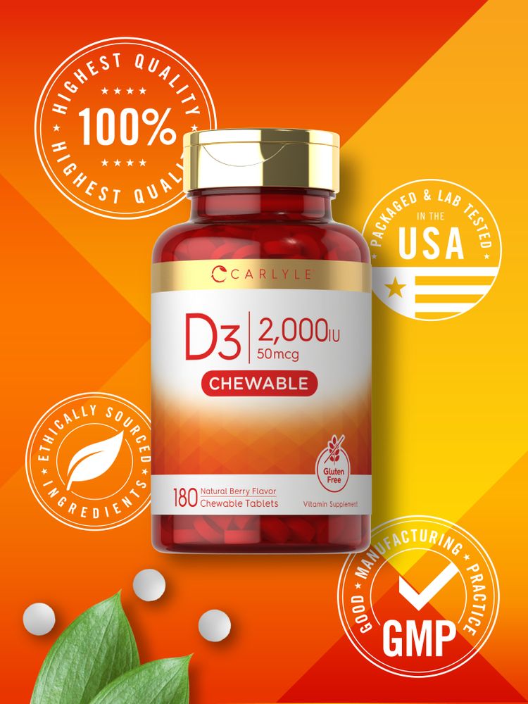 Vitamin D3 2000 IU (50 mcg) Chewable Tablets | Berry Flavor | 180 Count